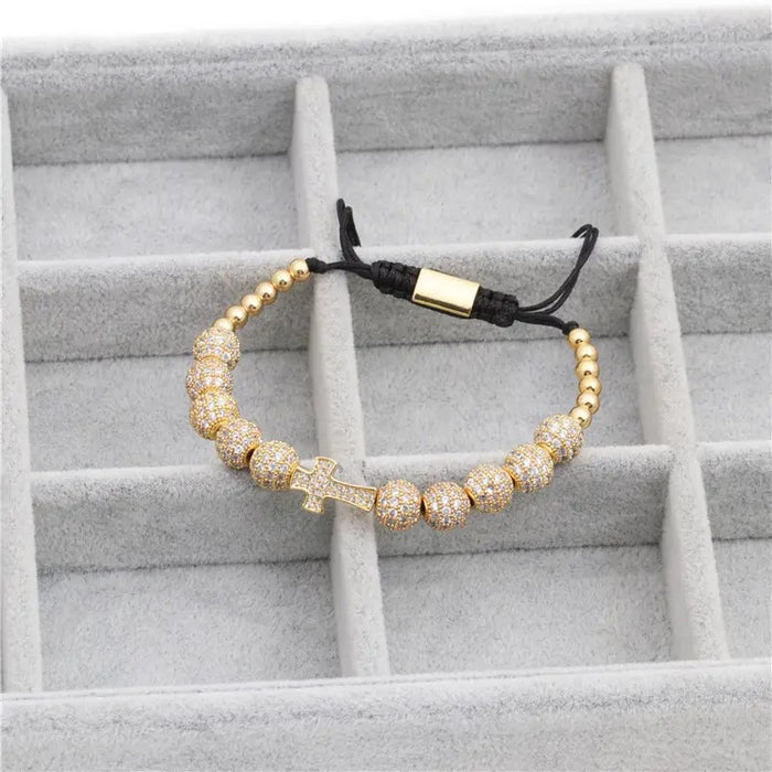 Wholesale Hand Woven Micro Inlaid 8mm Zirconia Ball Cross Pendant Bracelet JDC-BT-YJ002