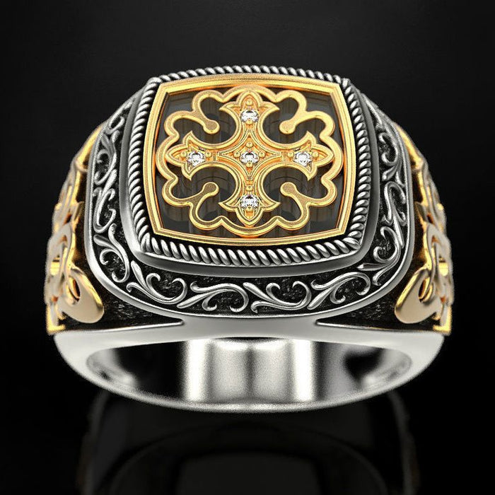 Wholesale New retro carved pattern cross two-color ring