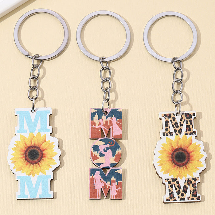 Wholesale Chrysanthemum MOM Mother's Day Western Style Wooden Keychain JDC-KC-RongR017