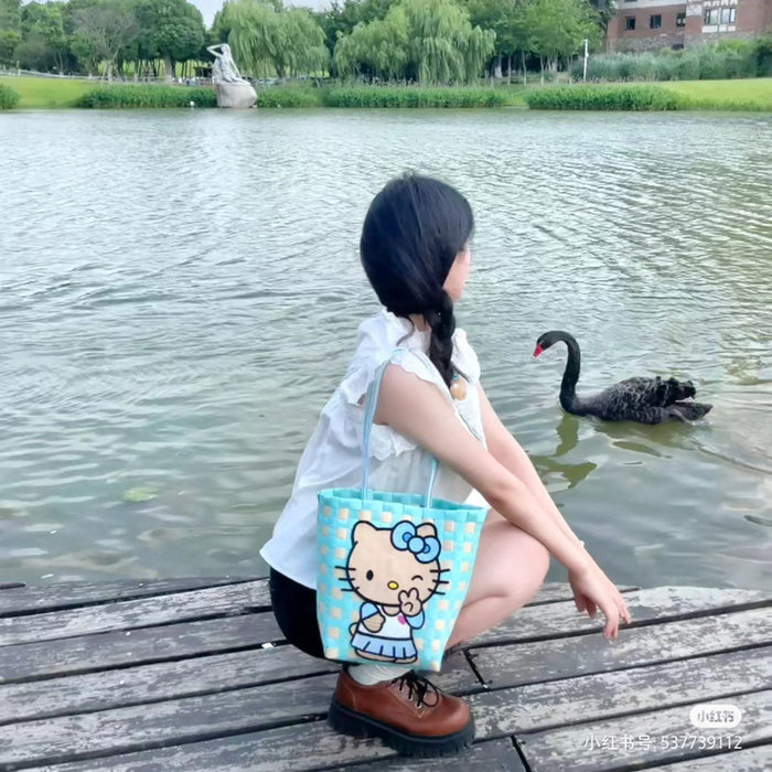 Wholesale Cat Vacation Casual Woven Bag Cute Cartoon Embroidered Bag