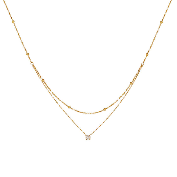 Wholesale Exquisite single diamond small double-layer necklace, gold bead collarbone chain, titanium steel electroplating