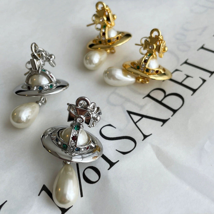 Wholesale UFO-engraved Saturn gold and silver teardrop pearl earrings