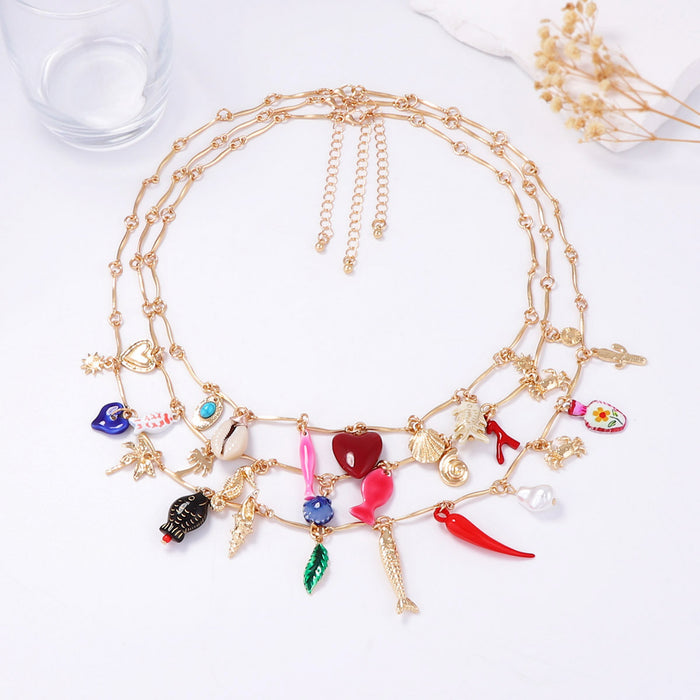 Wholesale Small Fish Heart Geometric and Other Pendants Multi-Layered Necklace for Women