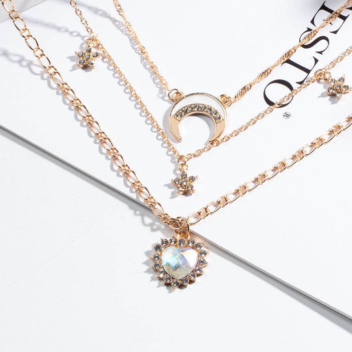 Wholesale Alloy New Product Jewelry Fashion Personality Love Moon Crystal Necklace Street Photography Multi layer Necklace