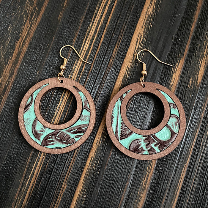 Wholesale Retro Western Genuine Leather Hollow Inlay Wood Drop Earrings