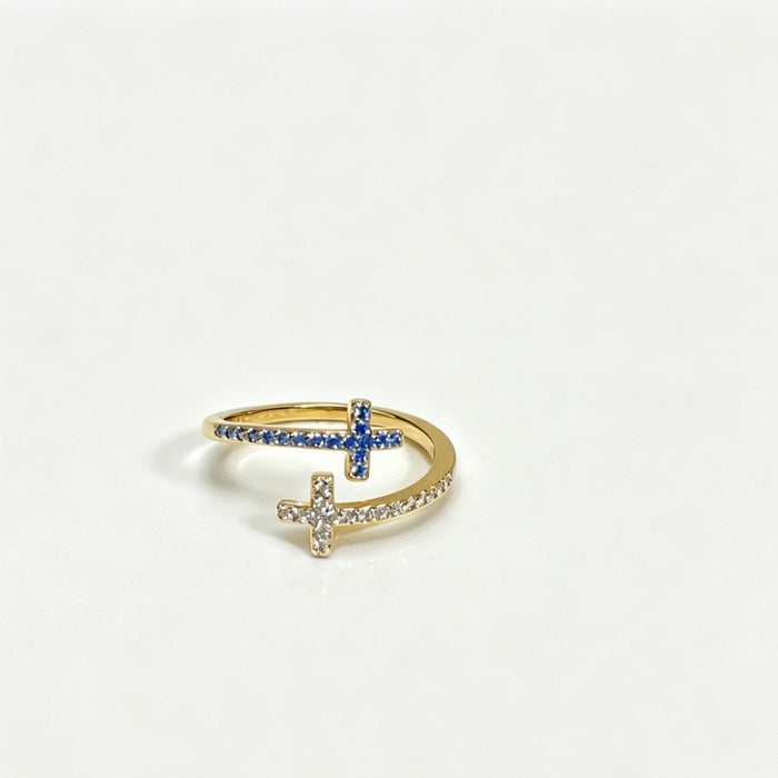 Wholesale Gold Plated Double Cross Zircon Ring Adjustable Unisex Fashion Accessory