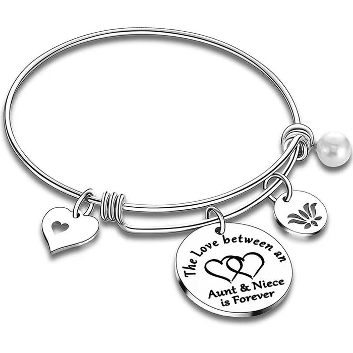 Wholesale Circular hanging tag bracelet, stainless steel heart engraved lettering pendant, round adjustable steel pearl pendant bracelet