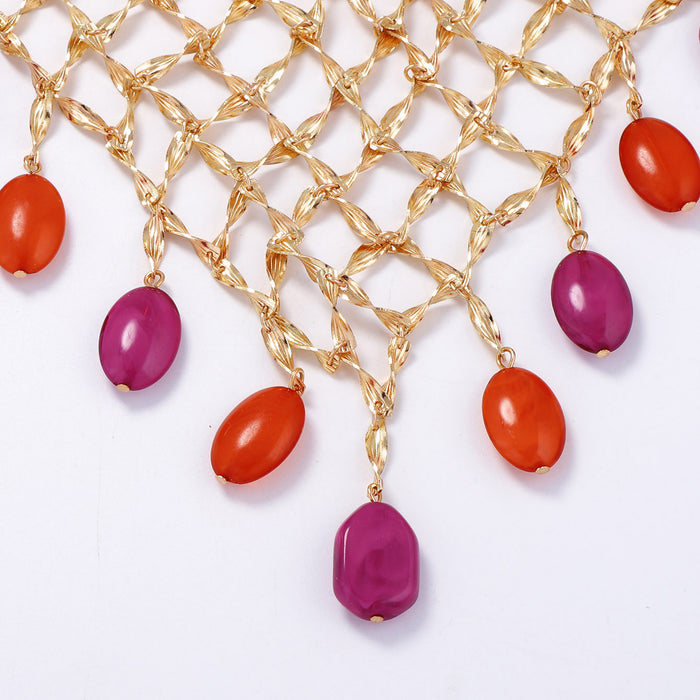 Wholesale Beaded Metal Mesh Pendant Necklace Versatile and Casual