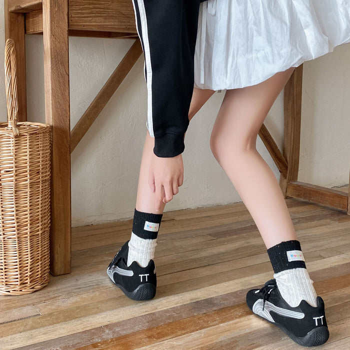 Wholesale Color blocked heel fabric label, thick needle socks, dotted yarn, middle tube, stacked socks