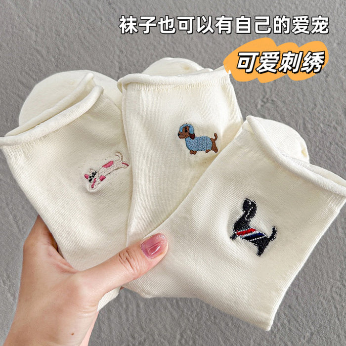Wholesale Socks with embroidered edges, cute cartoon style, mid tube socks, cotton socks