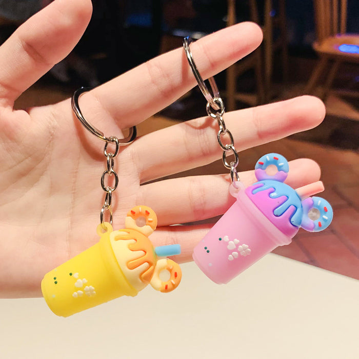 Wholesale Sweet Donut Milk Tea Small Gift PVC Soft Rubber Cute Milk Tea Cup Keychain Car Pendant Bag Hanging Decoration