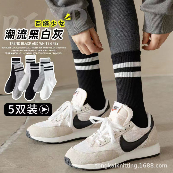 Wholesale Socks with parallel bars, mid length socks, pure cotton casual sports long socks