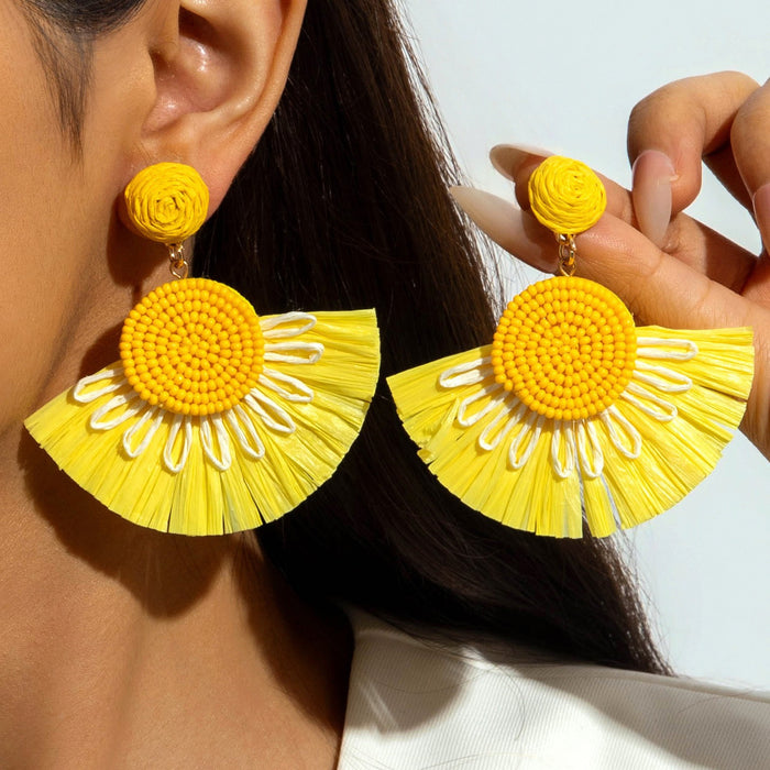 Wholesale Raffia Flower Earrings - Chic Yellow Summer Style Jewelry Accessory for Resale MOQ≥5