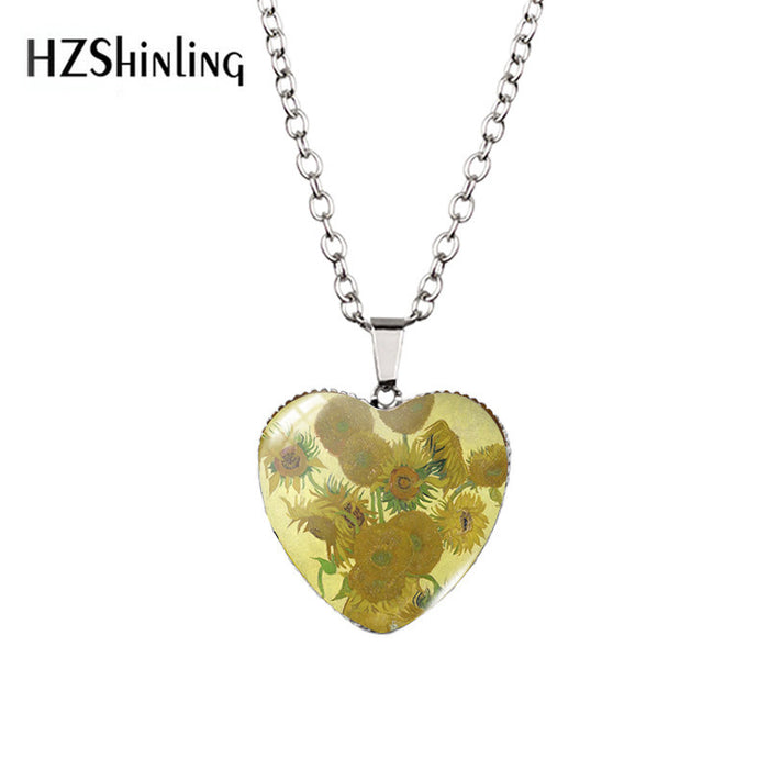 Wholesale Heart-shaped Necklace Van Gogh Starry Moon Night Sunflower Love Time Gem Pendant Sweater Chain