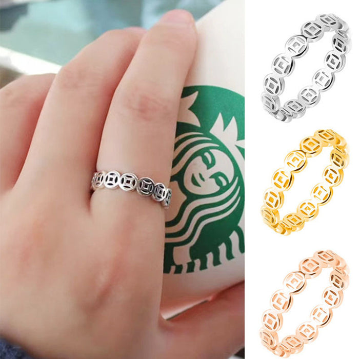 Wholesale Hollow out copper coin ring with retro opening and adjustable tail ring, lucky money element ring, index finger bracelet