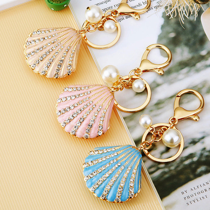 Wholesale Diamond studded pearl shell car keychain pendant, metal keychain ring, alloy accessory