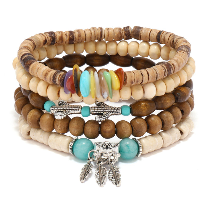 Wholesale Vintage seashell dreamcatcher cactus multi-piece wooden bead bracelet set