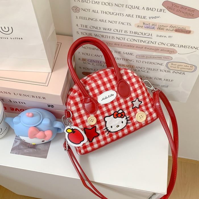Wholesale Wool red plaid embroidered handbag,  kitten shoulder bag,  crossbody bag