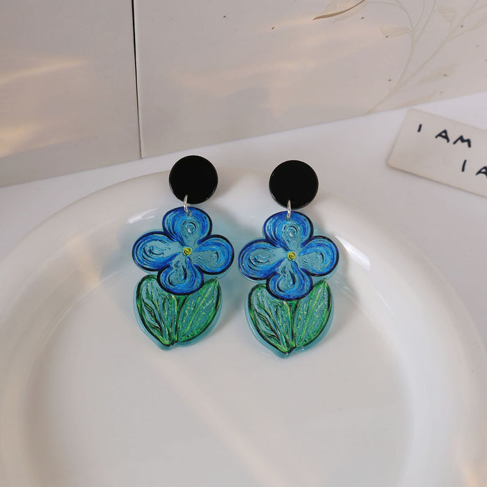 Wholesale Summer Oil Painting Blue Flower Earrings Mori Style Graffiti Acrylic Earrings