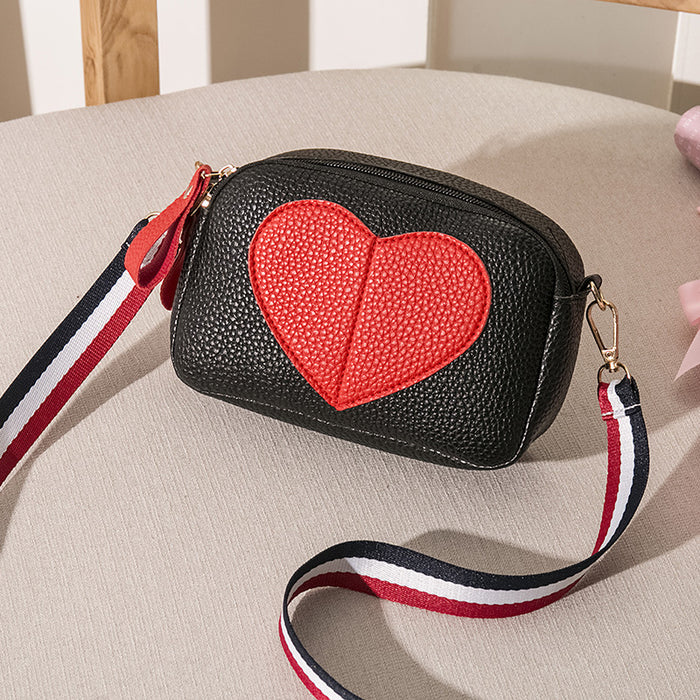 Wholesale Litchi patterned heart-shaped peach women's bag with contrasting ribbon, single shoulder diagonal cross phone bag