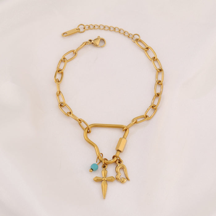 Wholesale Gold-Plated Stainless Steel Multi-Element Heart-Shaped Cross Screw Clasp Bracelet