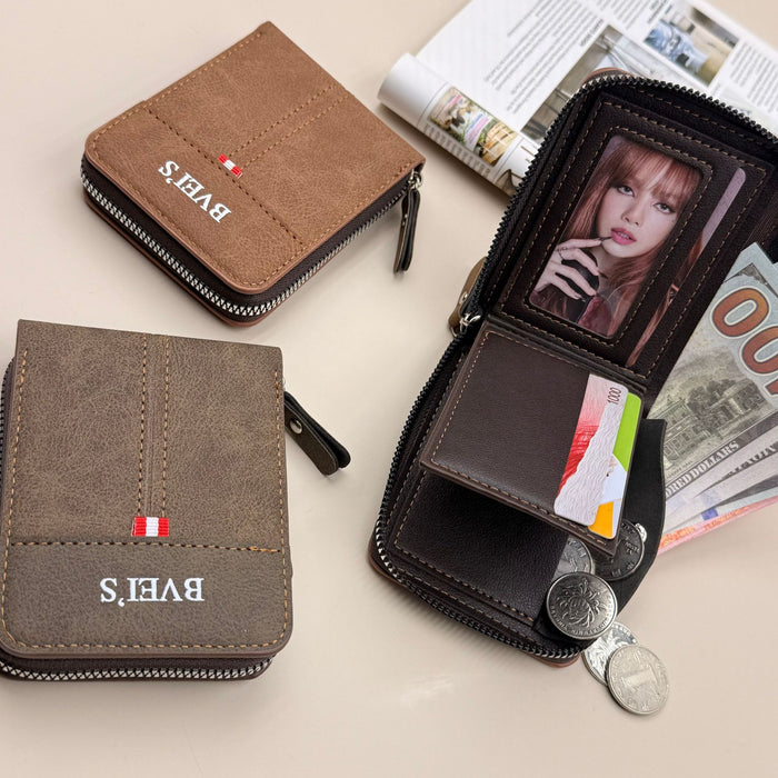 Wholesale Retro PU Leather Men' s Bifold Wallet with Zipper - Grey Fashion Accessory MOQ≥2