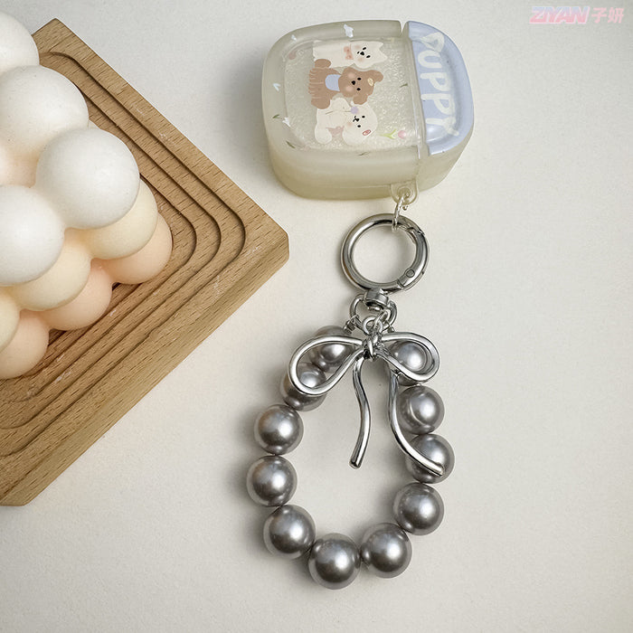 Wholesale Keychain Pendant Metal Shaped Bow Pearl Beaded Mobile Phone Hanging Accessories