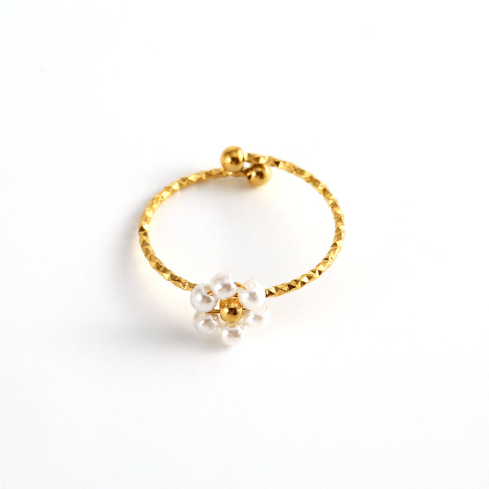 Wholesale Fashionable and minimalist stainless steel cut surface natural stone flower ring, personalized and versatile, multi-color adjustable ring