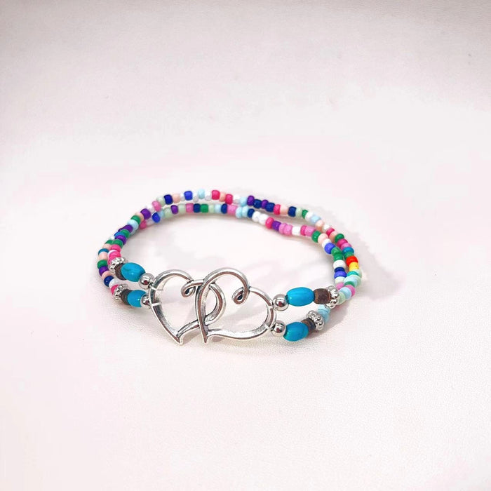 Wholesale Beach Vacation Style Double Heart Beaded Jewelry Set Alloy Necklace and Bracelet MOQ≥2
