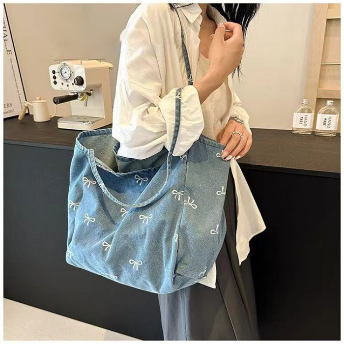 Wholesale Denim Canvas Bag Women' s Bow Sweet All-match Tote Bag Large Capacity Casual Shoulder Bag