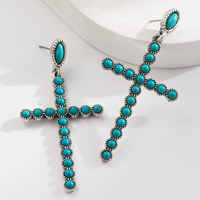 Wholesale Vintage cross-shaped openwork oval turquoise earrings