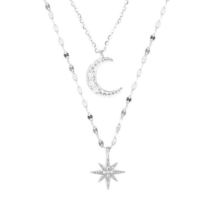 Wholesale Silver sparkling diamond starry moon double layered necklace, niche collarbone chain design, light luxury necklace