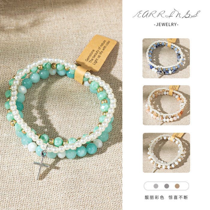 Wholesale Bohemian Color Stone Bracelet Cross Pendant Multi-Layer Stacked Bracelet