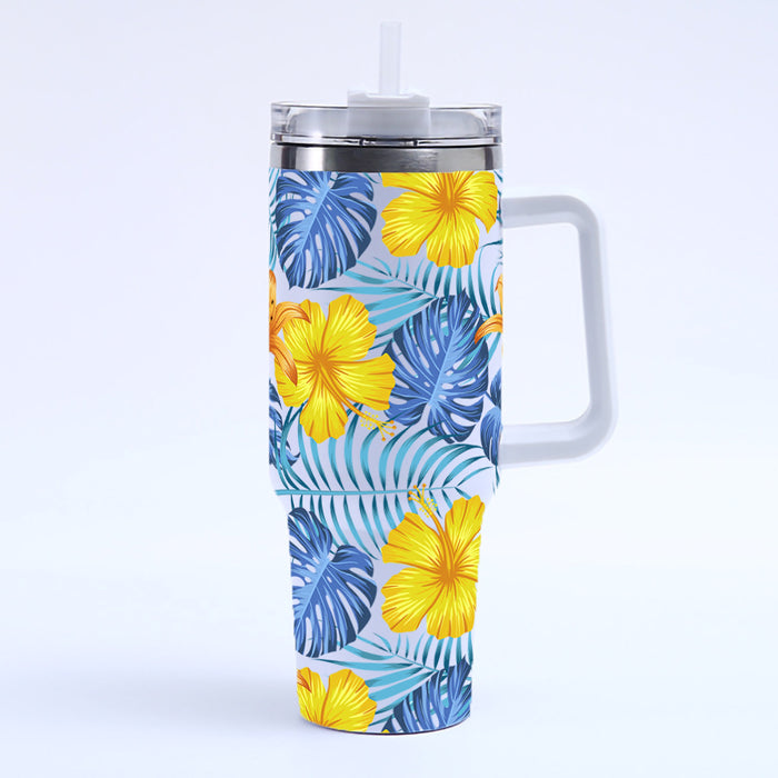Wholesale Amazon Cross-Border 40oz Tropical Leaf Ice Cup Stainless Steel Thermal Insulation Car Cup Large Capacity with Handle
