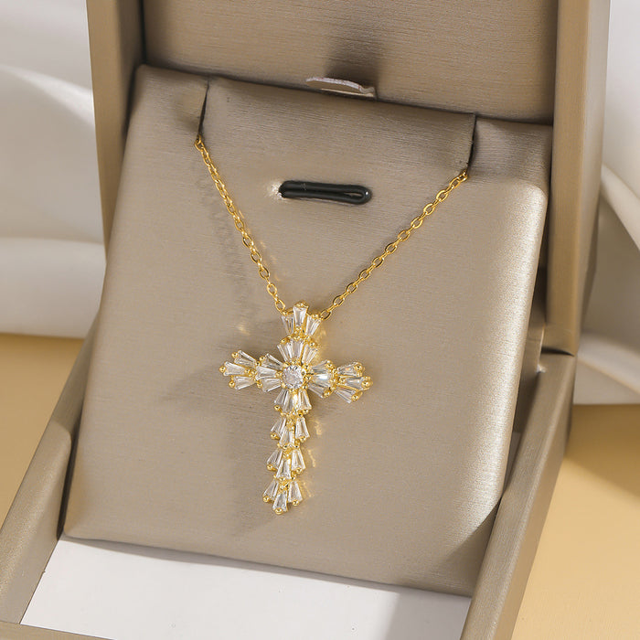 Wholesale Fashion colored zircon cross necklace, niche design accessory, collarbone chain