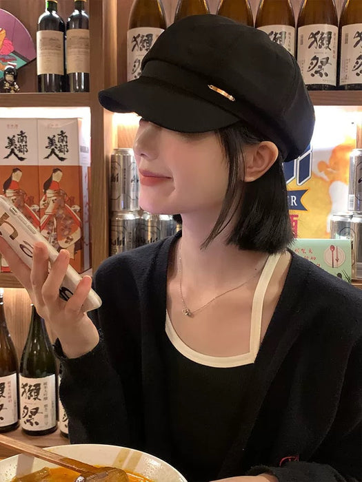 Wholesale Autumn and winter black beret women's big head circumference octagonal hat retro versatile