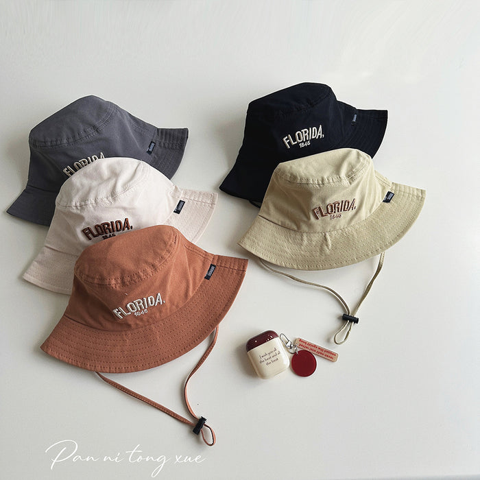 Wholesale Children's big brimmed hat with personalized Western style letters, windproof fisherman hat, sunshade basin hat