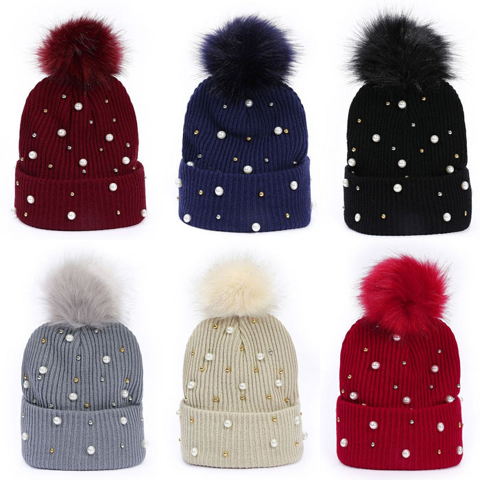 Wholesale Studded Pearl Knit Hat Pom-Pom Hat Outdoor Casual Warm Hat Breathable and Warm