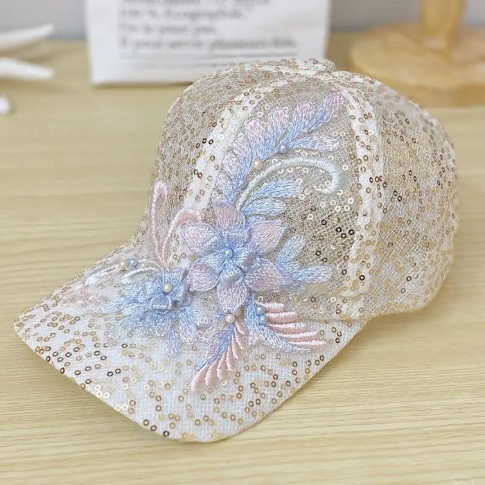 Wholesale Sequin mesh hollow breathable sun protection duck tongue sun hat nail bead lace flower sun protection baseball cap