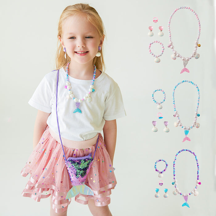 Wholesale Children' s new synthetic pearl jewelry set cute cartoon mermaid tail beaded necklace bracelet earring set