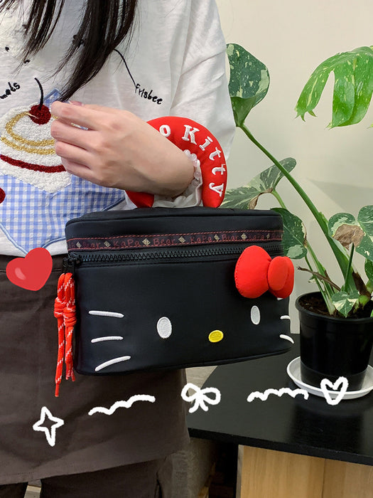 Wholesale Cute black kitten handbag with cartoon bow,  a storage and makeup bag.