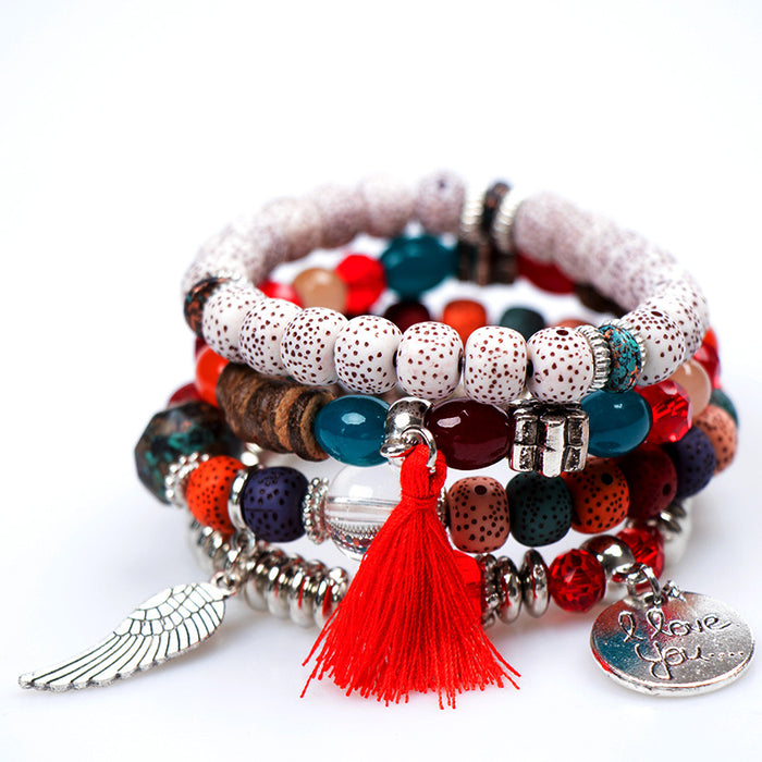 Wholesale Bohemian Multi-layer Bracelet Creative Tassel Bodhi Beaded Wings Love Fashion Bracelet Jewelry JDC-BT-NHong007