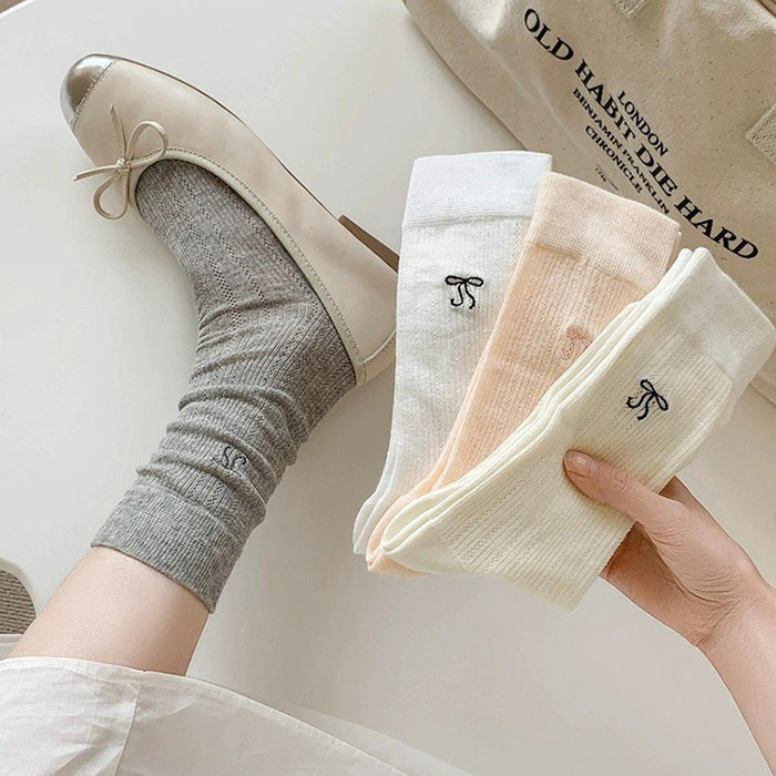 Wholesale Thin socks, mid length socks, embroidered bow, pure cotton socks, stacked socks