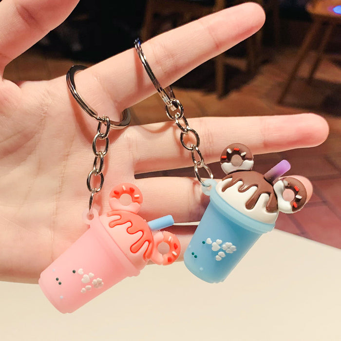 Wholesale Sweet Donut Milk Tea Small Gift PVC Soft Rubber Cute Milk Tea Cup Keychain Car Pendant Bag Hanging Decoration