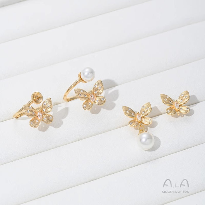 Wholesale Zirconium inlaid butterfly strap, hanging ring, earring accessories, pearl ring, handmade DIY earring material