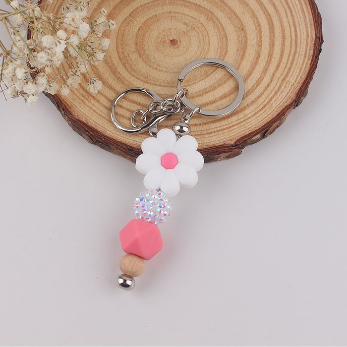 Wholesale Begonia  Flower Beaded Tassel Keychain Pendant Silicone Beads Handmade Bag Decoration Hanging