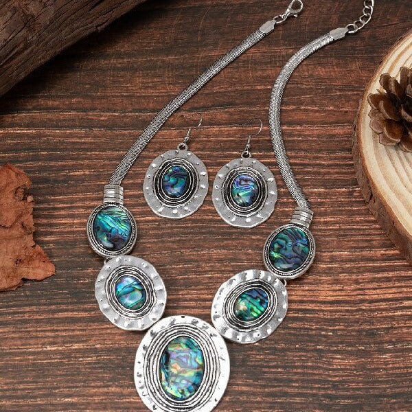 Wholesale Vintage Oval Snake Chain Abalone Shell Earring Necklace Set