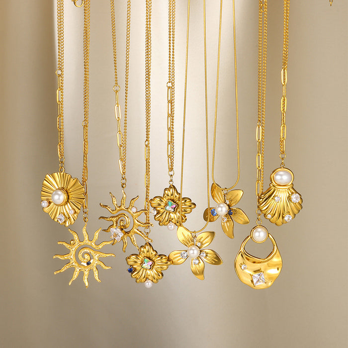 Wholesale Stainless Steel Vacation Ocean Imitation Pearl Jewelry Sunflower Necklace