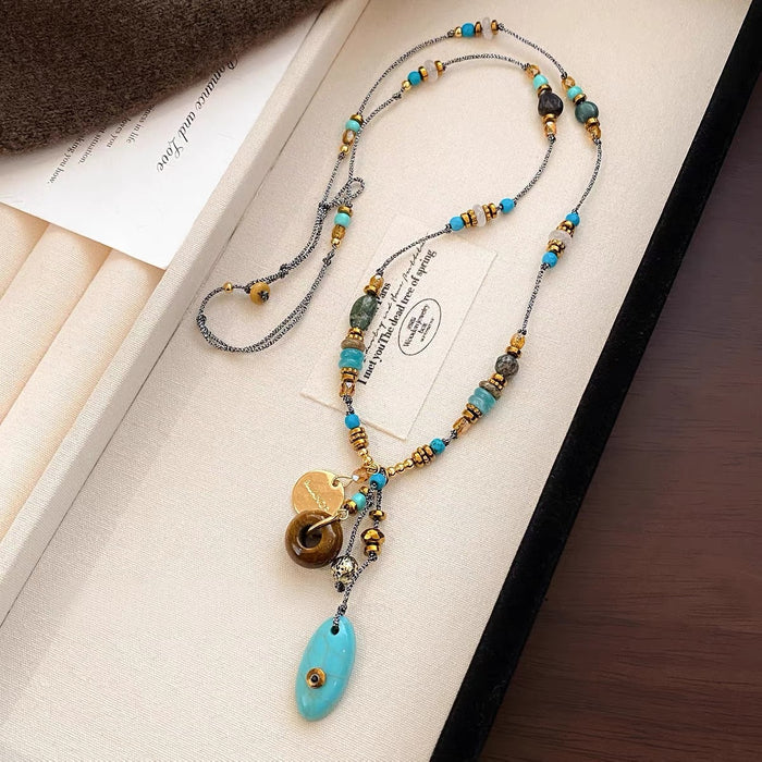 Wholesale Retro Turquoise Beaded Layered Necklace Chinese Ethnic Style Collarbone Chain Chic Jewelry Accessory