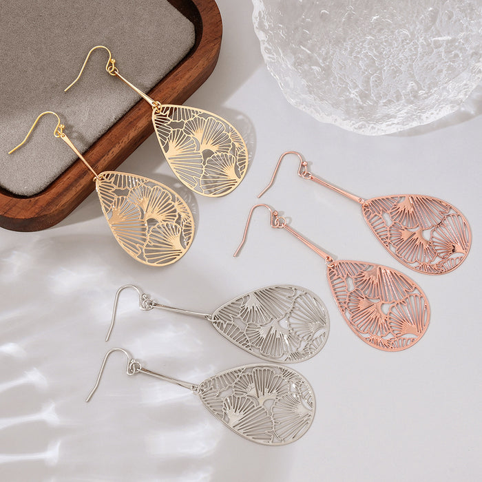 Wholesale Metal copper plate ginkgo leaf pattern hollow out light and thin style retro earrings women's long earrings